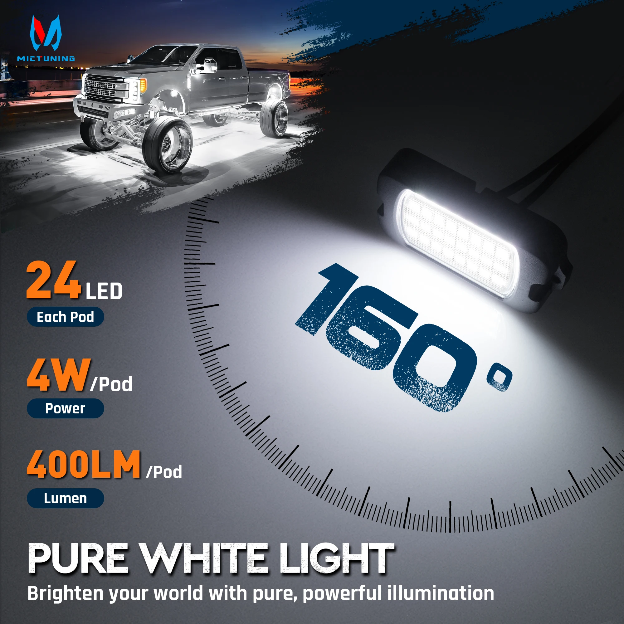 Фото MICTUNING 12 стручков Q1 MAX White Rock Lights, подсветка 12 В/24 В, совместимые с автомобилем, грузовиком, внедорожной лодкой, водонепроницаемостью IP68 №3