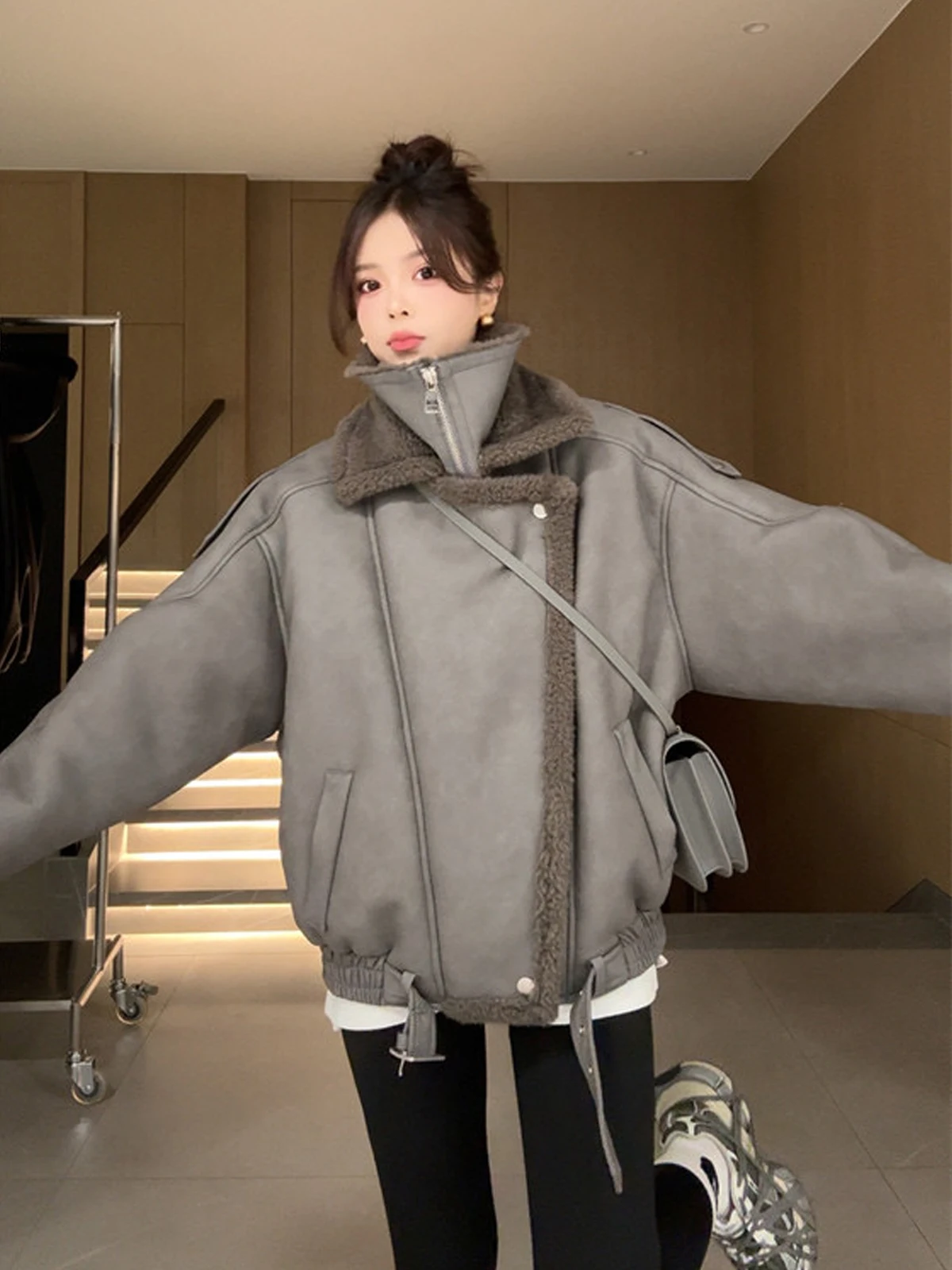 Серая замша берберская флисовая меховая интегрированная верхняя одежда женская