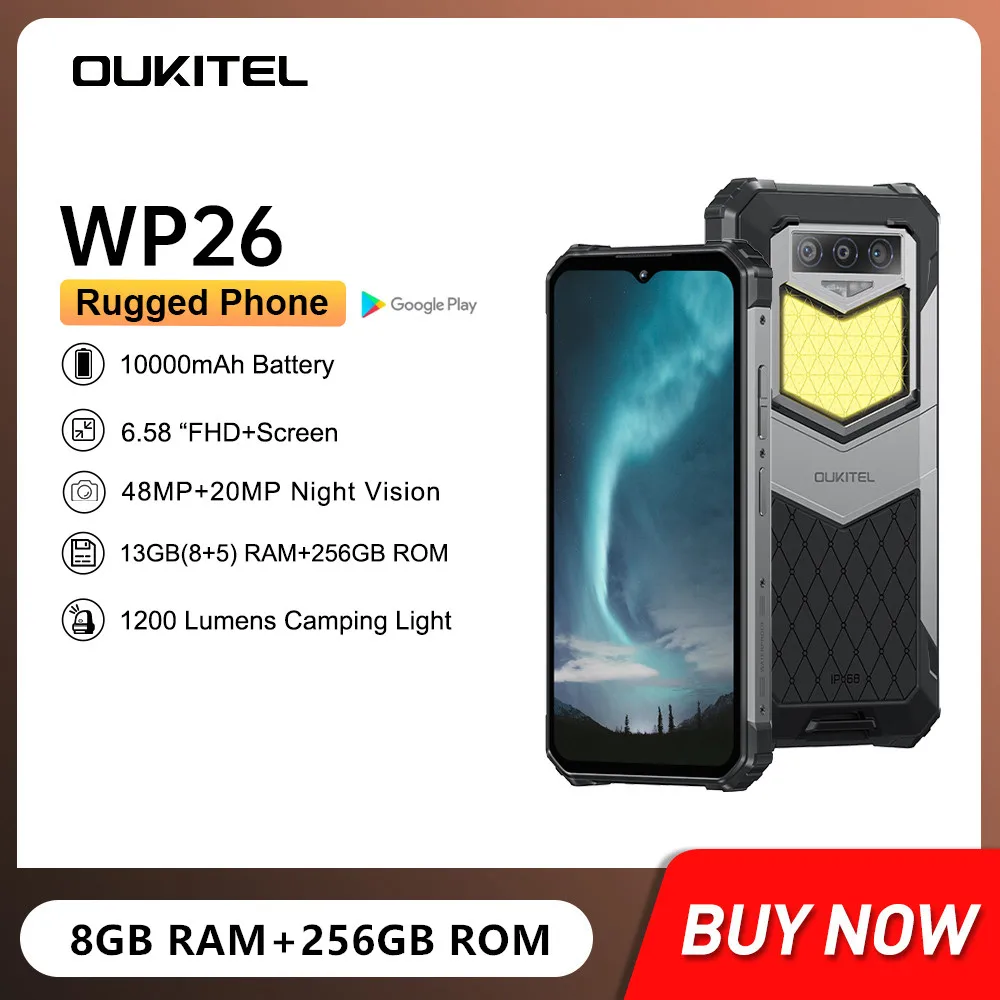 

Oukitel WP26 Smartphones 6.58Inch FHD 10000mAh Large Battery 8GB+256GB 48MP+20MP Night Camera NFC Mobile Phones Global Version