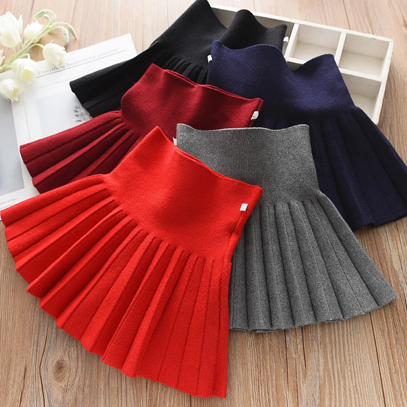 

Трикотажная плиссированная короткая юбка для девочек, зимняя детская эластичная трапециевидная юбка с высокой талией