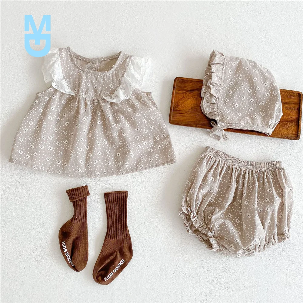 

New 3Pcs born Baby Girl Clothes Set Fashion Summer Sleeveless Solid Baby Dress Tops +Pant +Hat Infant Baby Clothing Outfit Summe