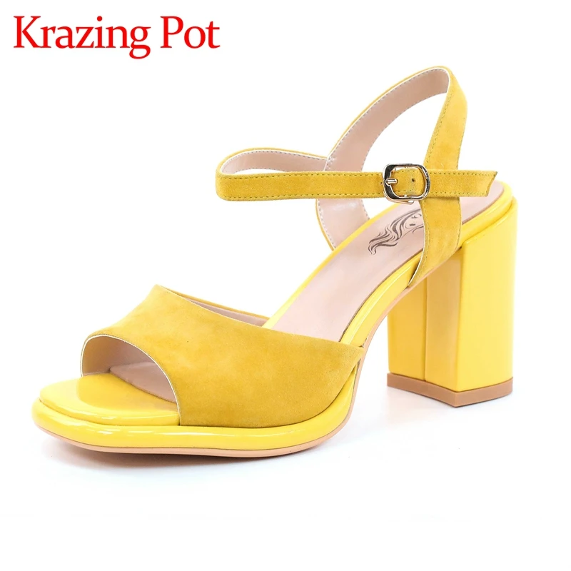 

Krazing Pot sheep suede peep toe high heels platform European style mature young lady dress buckle strap brand women sandals L72