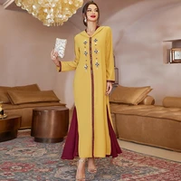 ramadan eid muslim fashion yellow hem stitching dark red mesh dress middle east women clothing abaya turkey moroccan kaftan 2022