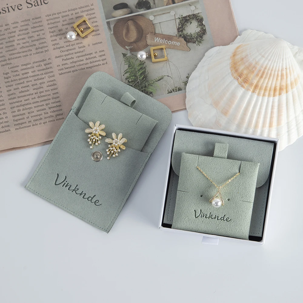 Custom Logo Jewelry Bags Microfiber Snap Storage Pouches Velvet Jewelry Ring Earring Necklace Wedding Gift Bags with Insert Card