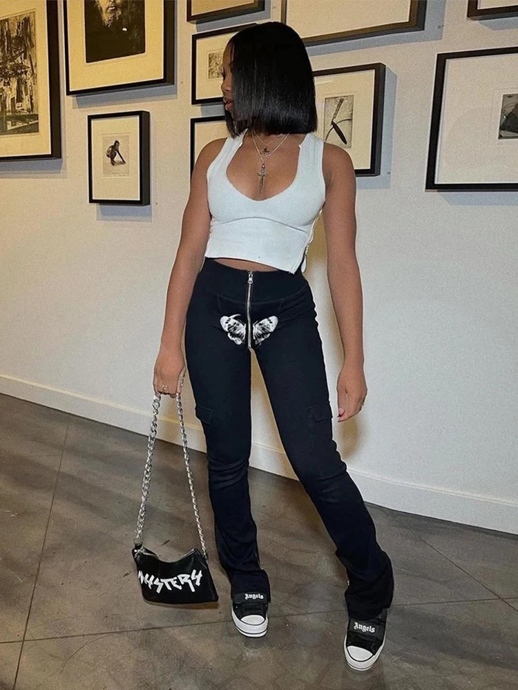 

Брюки женские на молнии с завышенной талией, трикотажные брюки-клеш в рубчик, пикантные модные спортивные штаны, уличная одежда, серого и че...