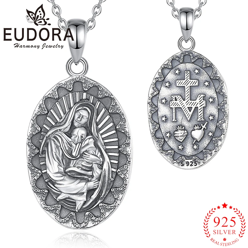 

Eudora 925 Sterling Silver Virgin Mary Necklace Vintage Cross Pendant Religious Believer Amulet Jewelry Fine Gift for Men Women