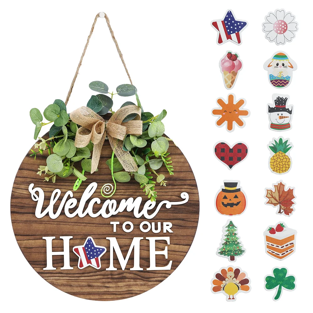 

Interchangeable Seasonal Welcome Sign Front Door Decoration,Artificial Flower Wreaths Wall Hanging Outdoor,Farmhouse,Porch Decor