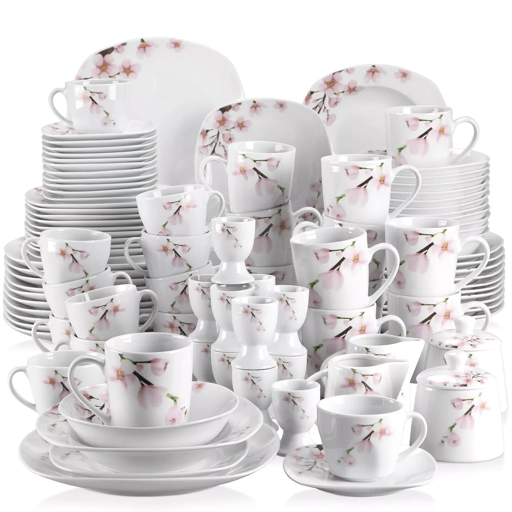 

50/100-Piece Porcelain Dinner Set with Egg Cup,Cup&Saucer,Mug,Dessert&Soup&Dinner Plate,Bowl,Milk Jug,Sugar Pot Set