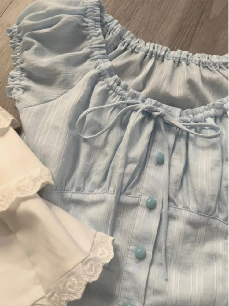 Французские милые блузки для женщин с круглым вырезом на шнуровке и оборками