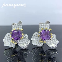 pansysen vintage 925 sterling silver flower shape purple amethyst diamond gemstone stud earrings for women luxury fine jewelry