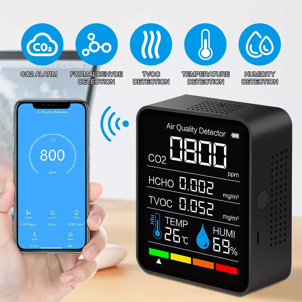 

Smart CO2 Digital Meter Indoor Temperature Humidity Sensor Tester Air Quality Monitor Carbon Dioxide Detector TVOC HCHO Analyzer