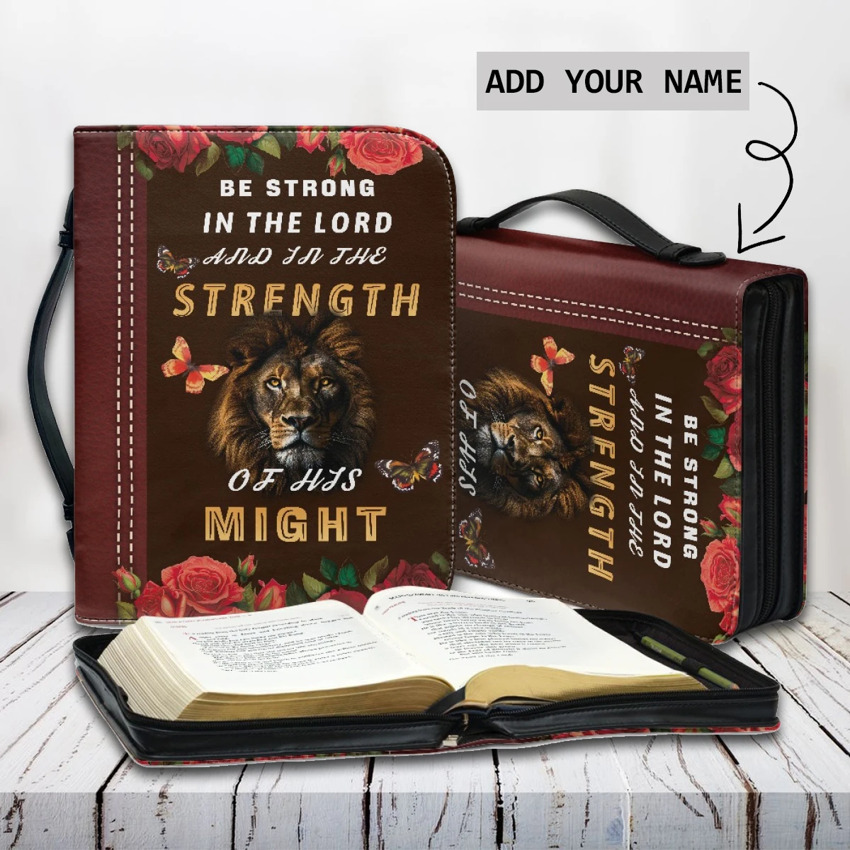 Lion Butterflies Red Print Ladies Presonalized Bible Cover Case Be Strong in The Lord Print PU Leather Handle Handbags for Women