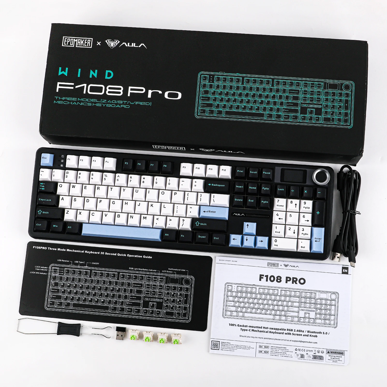 EPOMAKER X AULA F108 PRO Полноразмерная 100% раскладка ANSI с возможностью горячей замены, проводная2,4 ГГцBluetooth, беспроводная механическая клавиатура с RGB-подсветкой (art.: 3920cd17a581f) - 3920cd17a581f