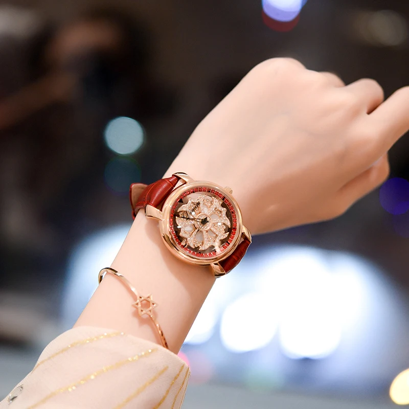 Luxury Brand Women Watches Fashion Ladies Personality Rotate Rhinestone Flower Steel Leather Belt Quartz Watch Women Dress Clock enlarge