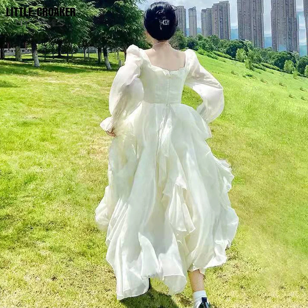 

Summer Vintage Dress Women French Style Lace Chiffon Fairy Dress Casual Puff Sleeve Summer Autumn Clothes Designer Dress 2022