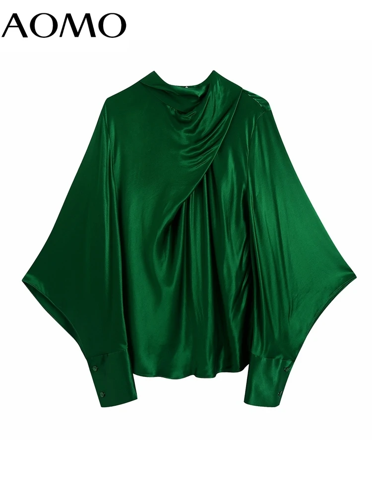 

AOMO Women Fashion Green Satin Blouses Back Bow Vintage O Neck Long Sleeve Female Shirts Blusas BE147A