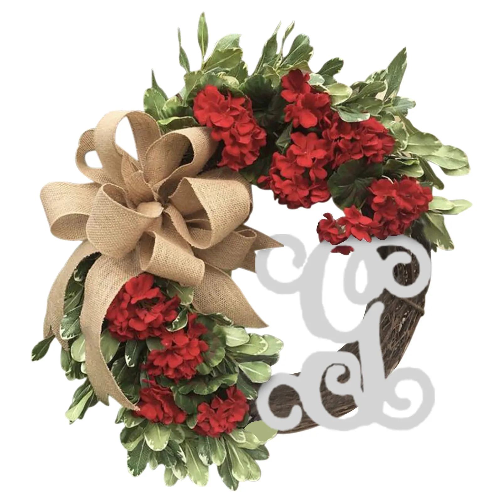 

Summer Wreath~Red Geranium~Red Flowers~wreath with Monogram Letter Option~Burlap