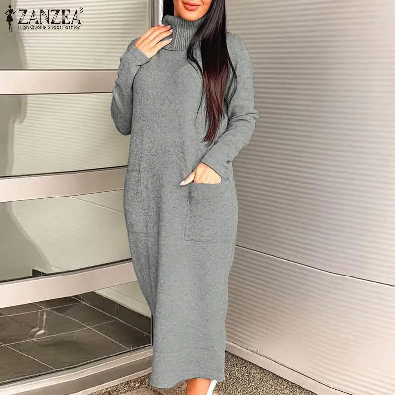 

Женские Элегантные платья с высоким воротником ZANZEA, модные толстовки, халат на весну и осень, платье-миди оверсайз, женское Повседневное пла...