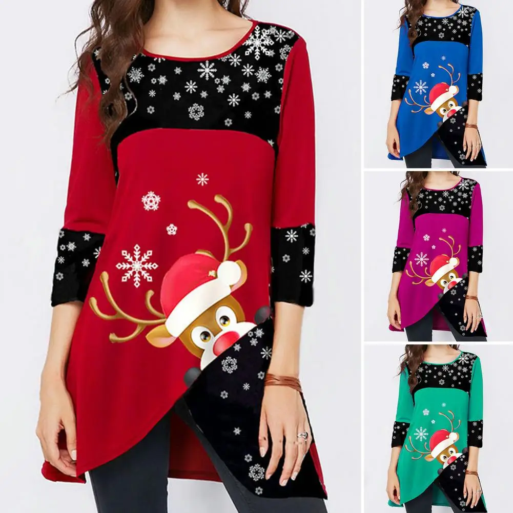 

Women Christmas Blouse O-Neck Three Quarter Sleeves Autumn Winter Snowflake Elk Color Matching Casual Pullover Top Daily Clothin