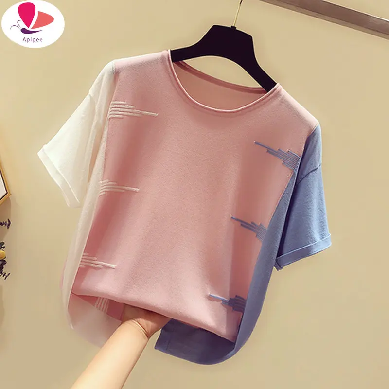 

APIPEE Casual Slim Women Tops Nice Short Sleeve Ladies Shirt Korean Blouse Women Blusas Mujer 2023 Summer Knitted Tee Shirt