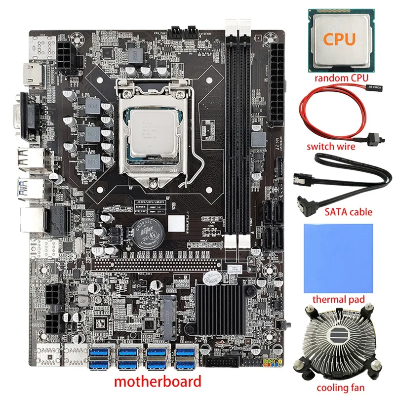 

8 Card B75 BTC Mining Motherboard+CPU+Fan+Thermal Pad+SATA Cable+Switch Cable 8 USB3.0(PCIE) LGA1155 DDR3 RAM SATA3.0