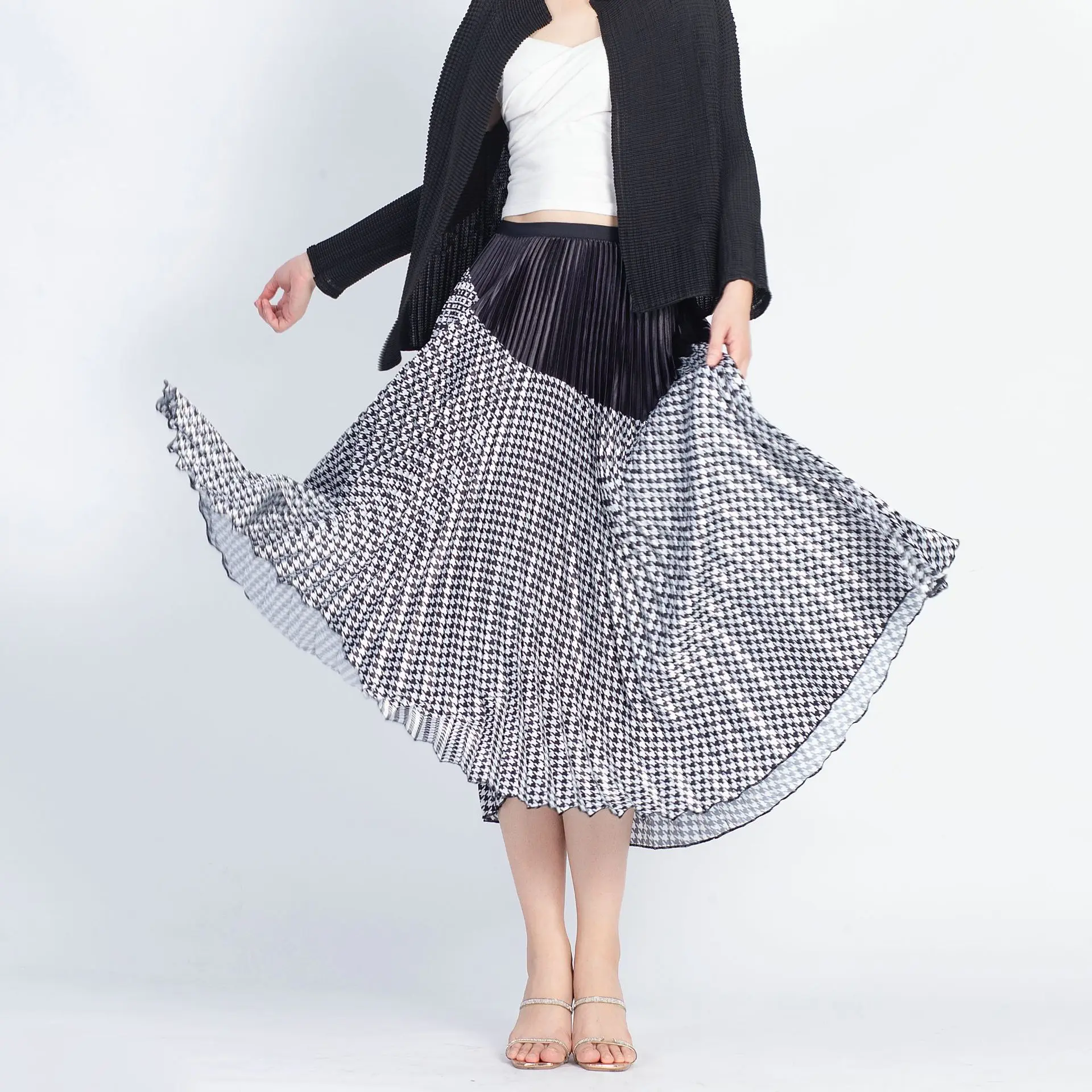 Japanese designer summer skirt women's skirt pleated knitted black houndstooth commuter style A-line skirt