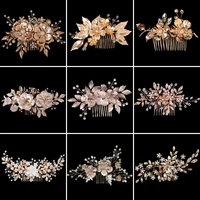 gold color floral wedding hair combs bridal hair accessoaries for women bride pearl rhinestone headpiece jewelry bridesmaid gift