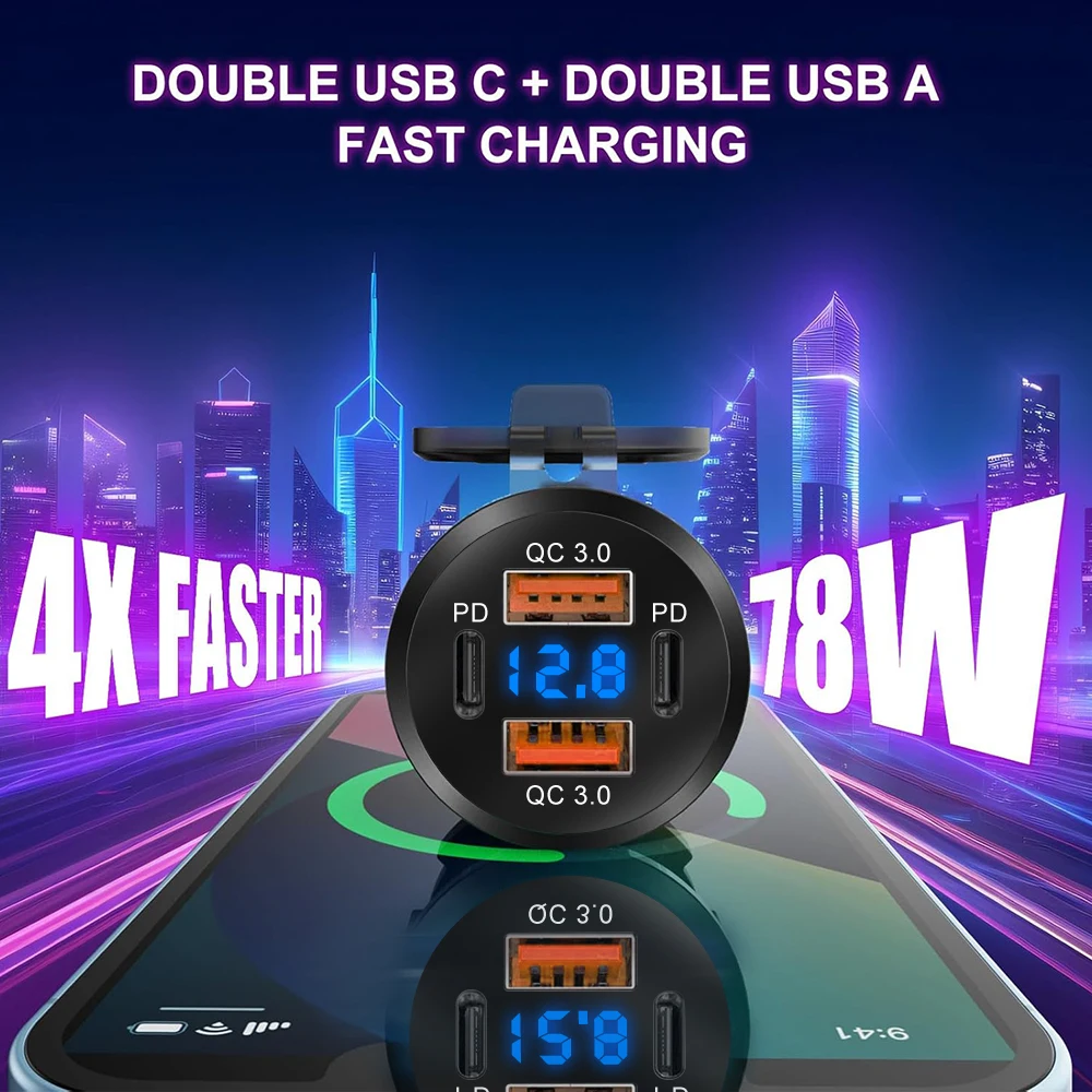 Модернизированная USB-розетка 78 Вт 12 В 4 порта двойная 30 PD и алюминиевая USB-разъем QC