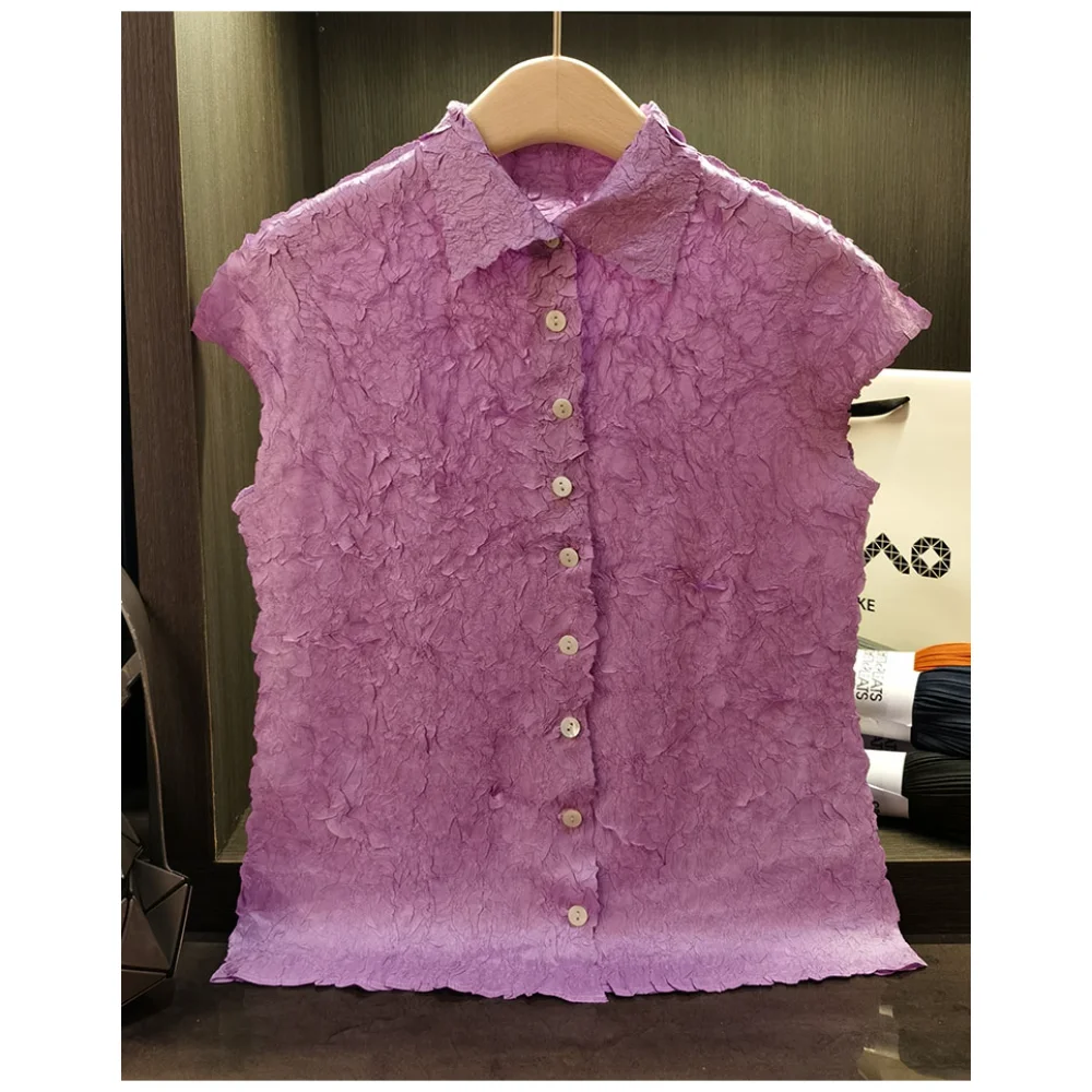 

Miyake Solid Lapel Pleated T-shirt Summer Fashion Office Lady Casual Women's T-shirt Single Breasted Cardigan Shirts and Blouses