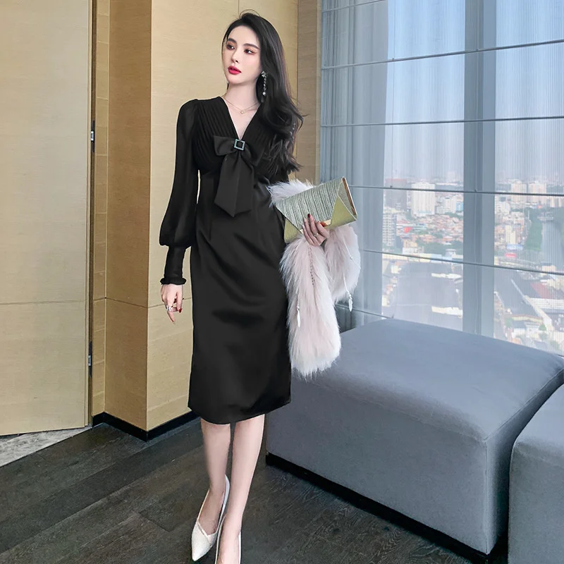 

Autumn New Fashion Women 2022 V-neck Long Sleeve Big Bow Chiffon Spliced Draped Blacl Elegently Bodycon Knee-lengty Dress