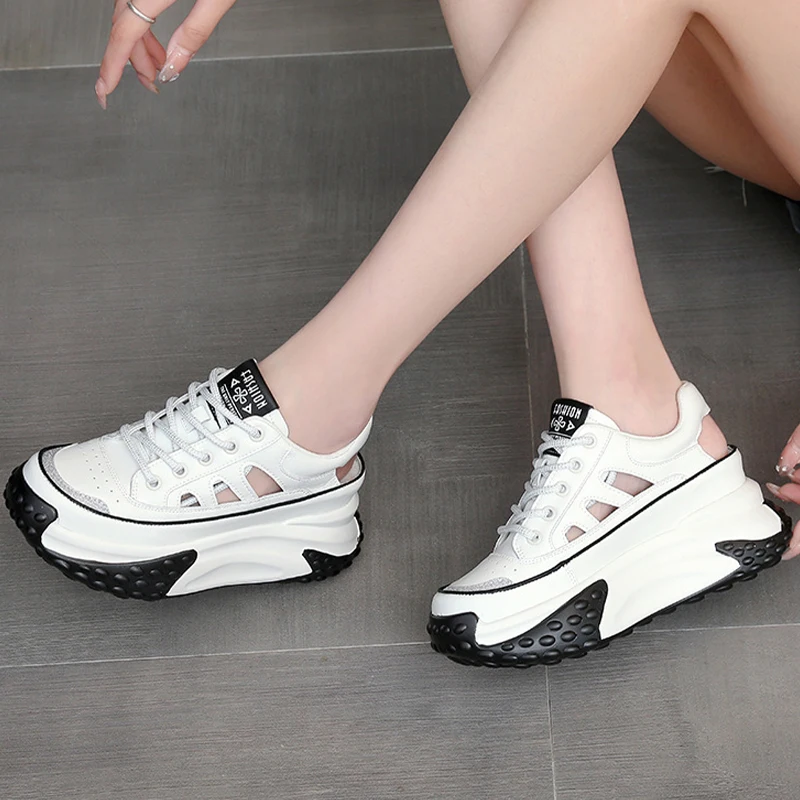 7CM 2023 Platform Wedge Chunky Sneaker Fashion Genuine Leather Hollow Lace Mixed Color Casual Comfy Lady Hidden Heel Female Shoe