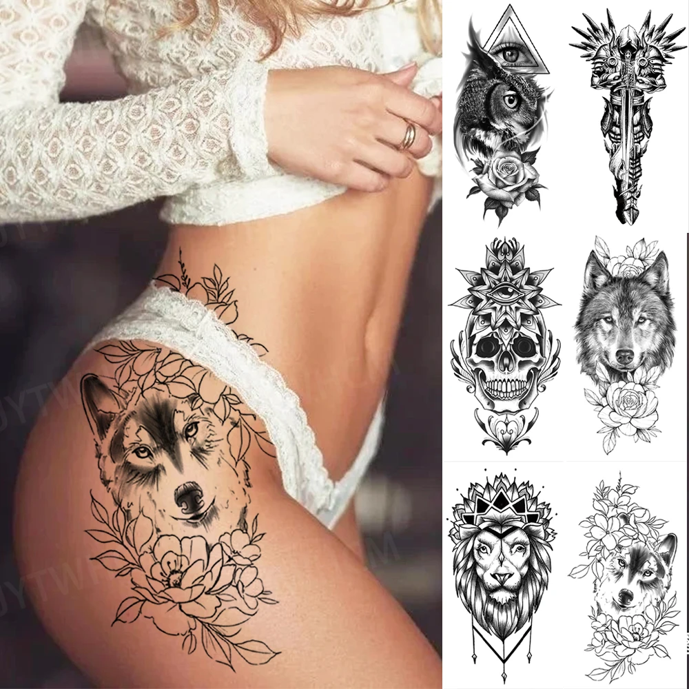 

Временные часы, водостойкие временные тату-наклейки, черный белый волк, дизайн боди-арта, имитация татуировки, мигание, татуировка на грудь, ...