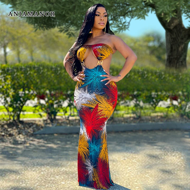 

ANJAMANOR Tropical Printed Tube Top Maxi Dress Sexy Summer Vacation Outfits Beach Party African Dresses for Women 2022 D42-CF32