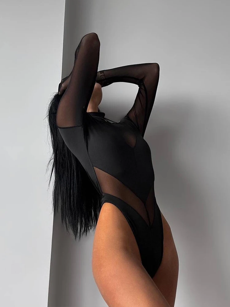 Сетчатый однотонный женский боди с длинным рукавом