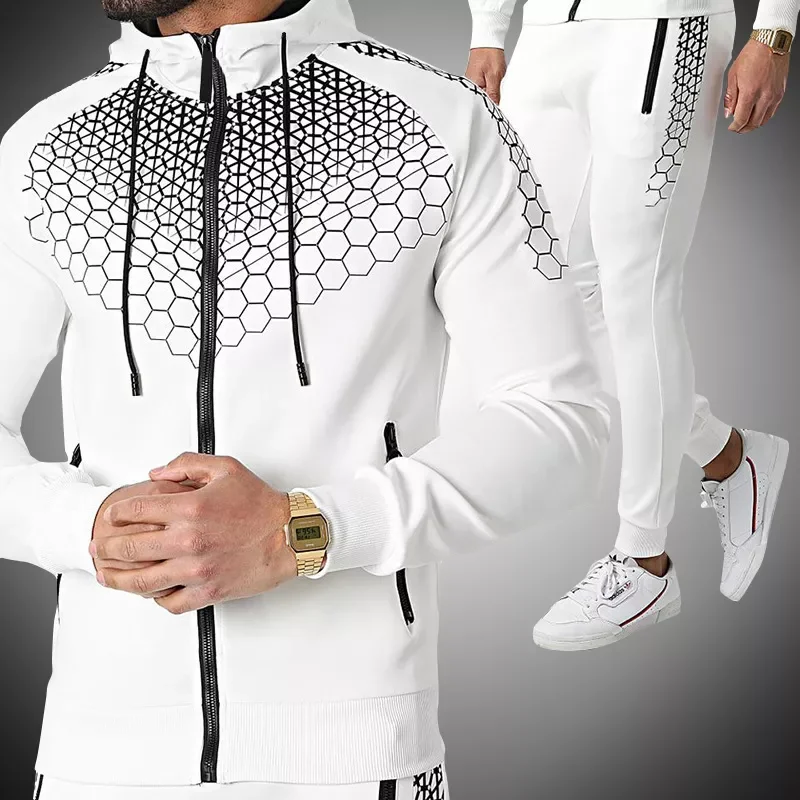 

Tracksuits Men 2022 Polyester Hooded Outerwear Hoodie Set Zipper Jacket+Pants 2 Pieces Casual Fitness Gyms Male Sportswear Suit