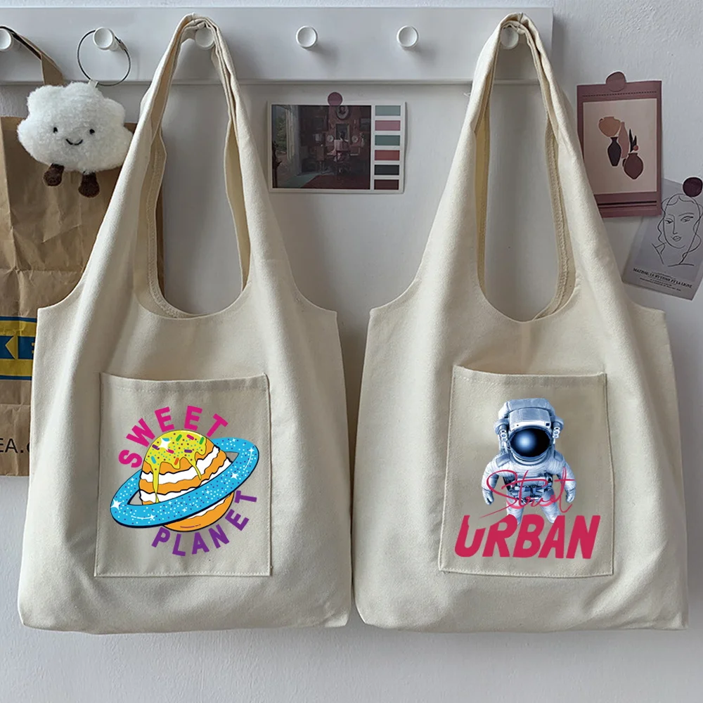 

Reusable Shopping Bag Grocery Bag Astronaut Print Environmental Protection Bag Travel Shoulder Bag Lady's Tote Student Handbag