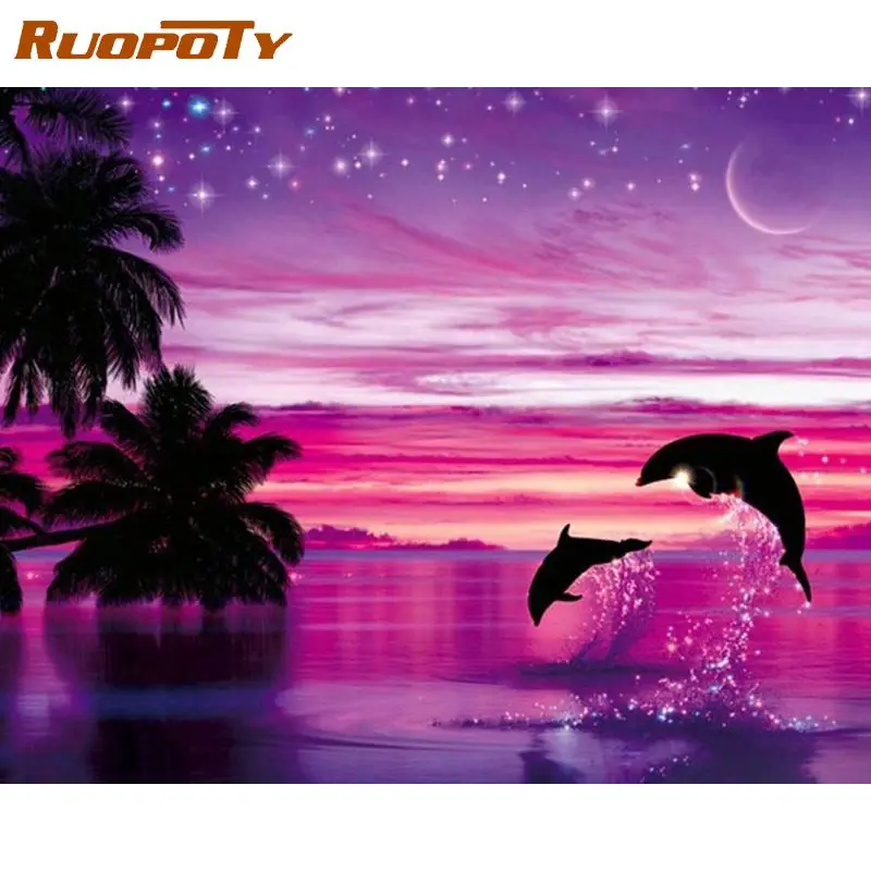 

RUOPOTY Modern 5D Diamond Painting With Frame Diamond Art Pink Landscape Dolphin Mosaic Embroidery Home Decoration Diy Gift