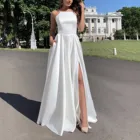 Модное платье без рукавов с высокой талией для свадебной вечеринки, женское элегантное сексуальное длинное платье на бретельках с разрезом, Женские коктейльные платья, платье