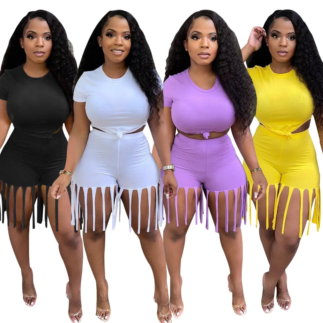 

Women's Shorts Suit New, Solid Color Short-Sleeved Shorts Suit T-Shirt Tassel Shorts Suit Leisure Sports Two-Piece Suit