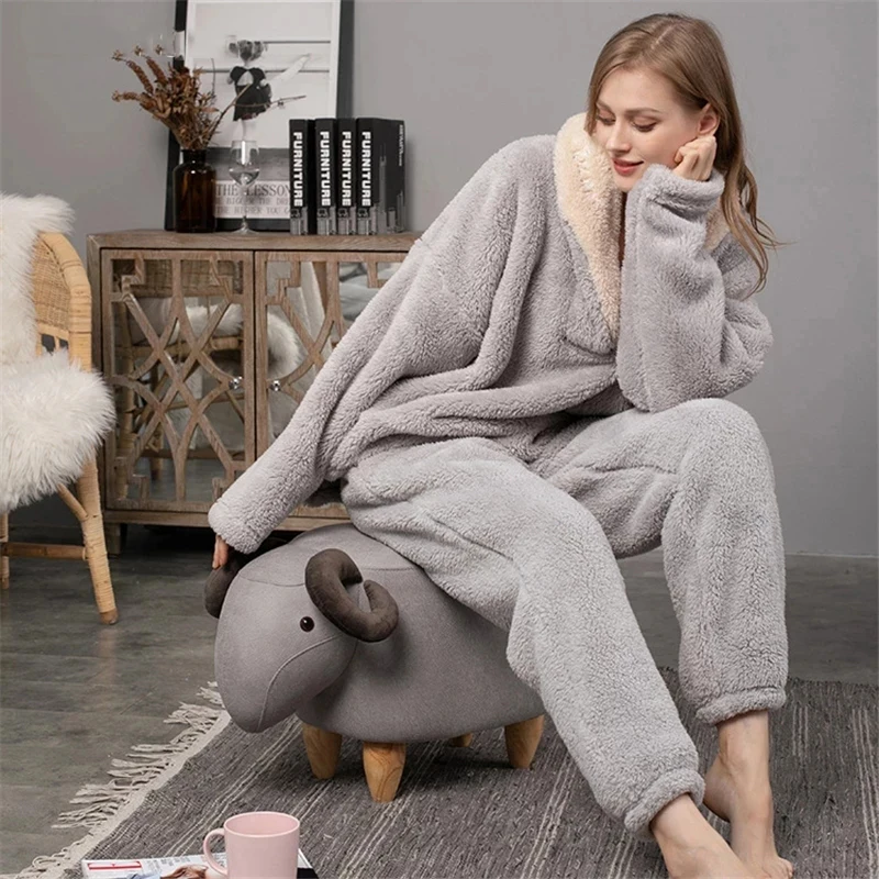 Pajama Sets Women's Solid Long Sleeve Winter Woman Fluffy Pijama Suit with Pants Thick Warm Fleece Home Clothes for Female images - 6