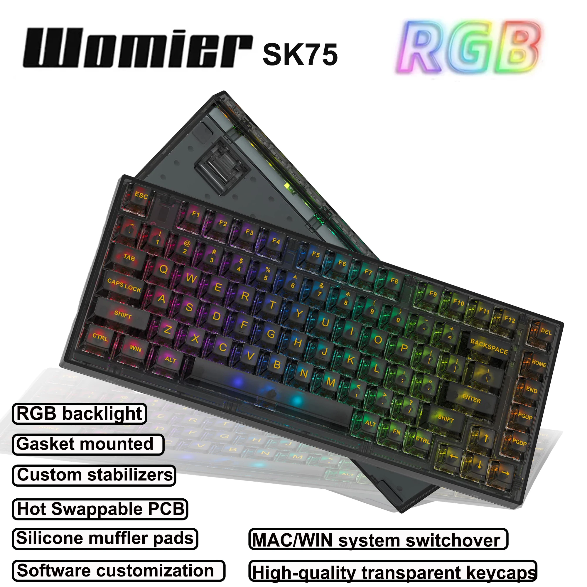 

Механическая клавиатура Womier Black SK75 75%, игровая клавиатура с кристальной прозрачной горячей заменой, проводная клавиатура Tyce-c с RGB-подсветкой для ПК