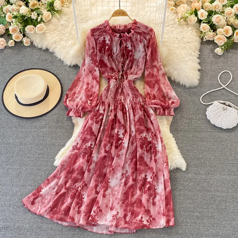 

Autumn Women Vintage Tie-dye Print Ruffle Stand Collar Long Dress Korean Elastic Waist Puff Sleeve Long Sleeves Elegant Vestidos