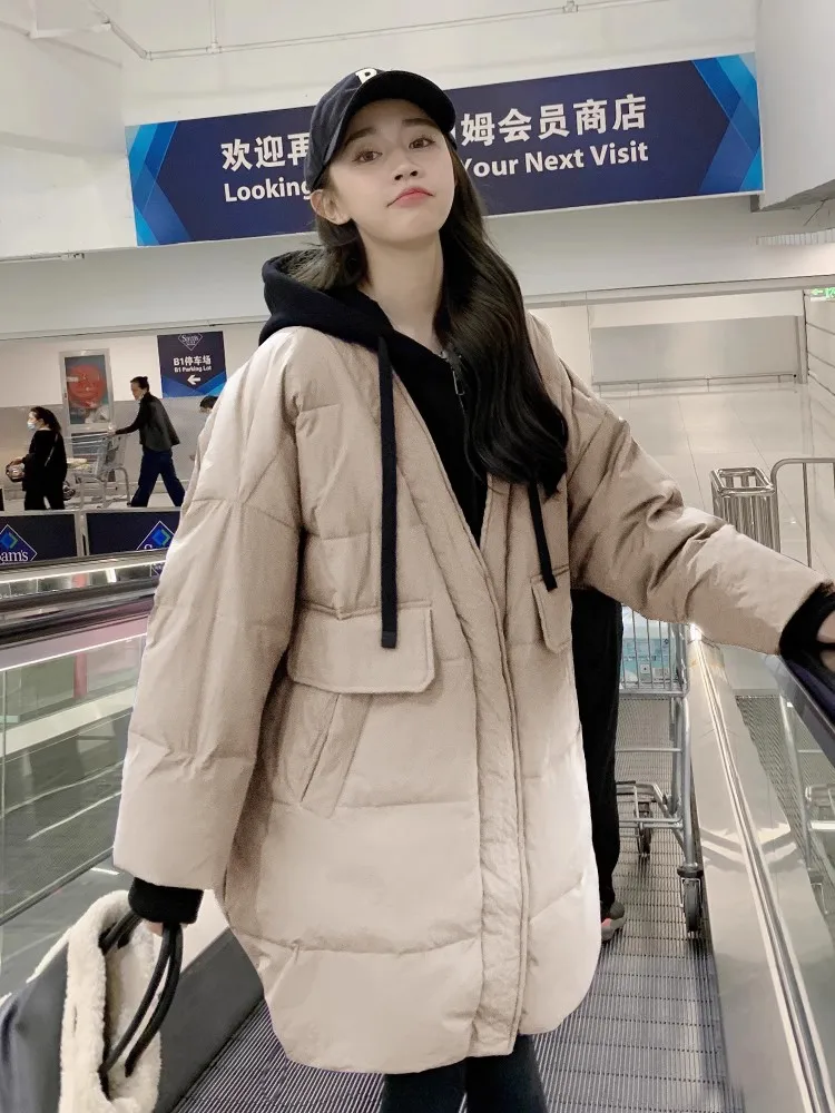 2023 New Women's Fake Two Down Jacket Coats, Thermal Chunky Hooded Large Loose White Duck Down Winter Women's Coat