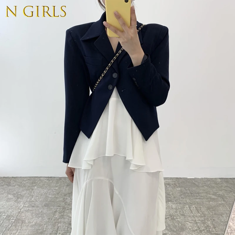 

N GIRLS Elegant Short Blazer Lapel Two Button Solid Color Jacket Irregular White Strap Dresses Women Long Dress Sold Separately