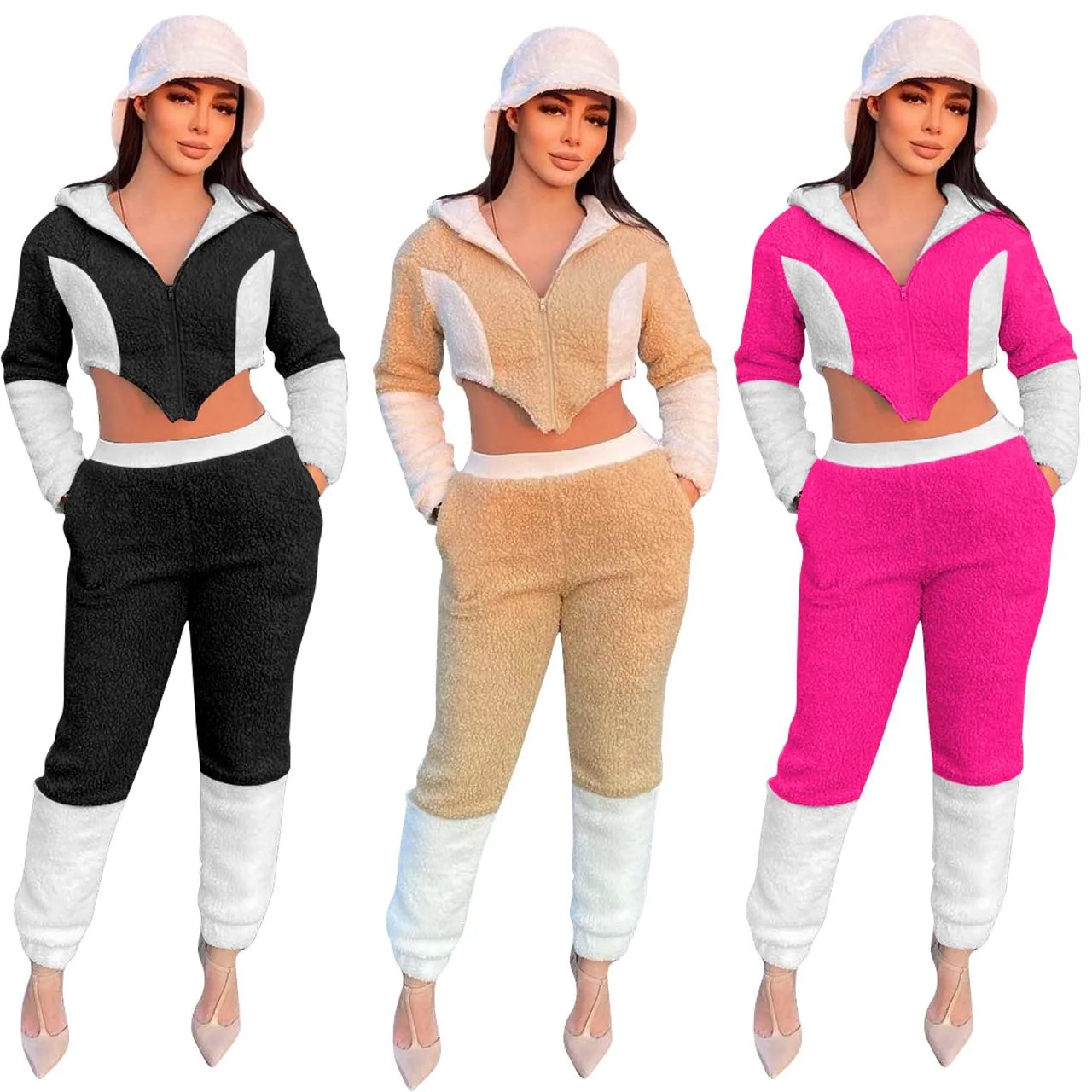 

Winter Teddy Hoodie 2 Pieces Patchwork Sets Women Long Sleeve Cut Out Crop Top and Pockets Long Pants Casual Hooded Outfits 2021