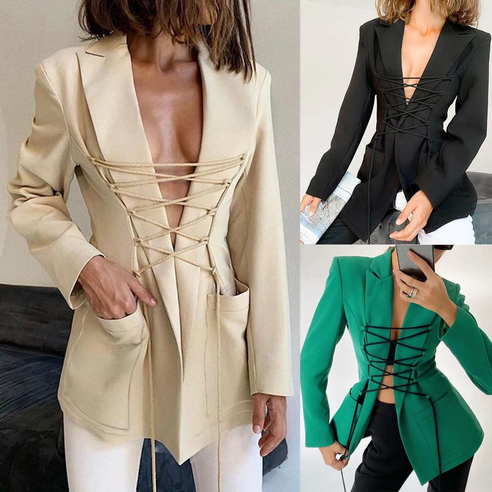 

Пальто женское повседневное с маленьким карманом, Бандажное однотонное длинное пальто средней длины, свободного покроя, с воротником-костю...