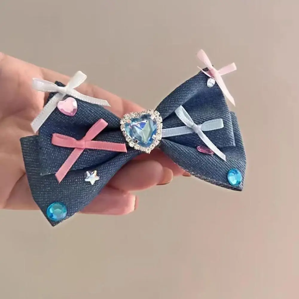 

Y2K Korean Style Women Bow Knot Denim Hair Claw Rhinestone Hair Clip Cute Heart Bangs Clip Hair Accessories