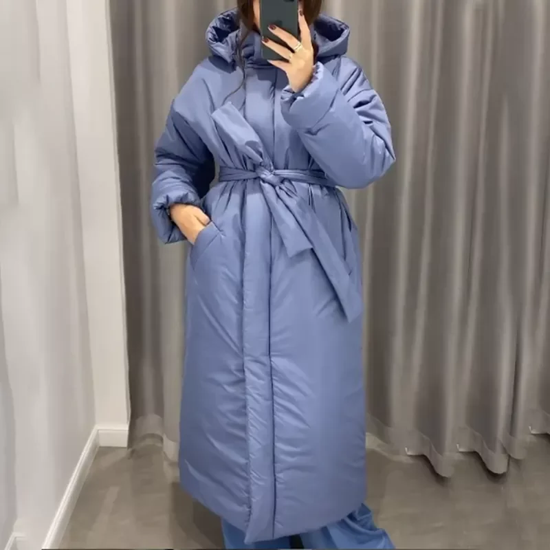 2022New Winter Solid Hooded Parkas Women Fashion Tie Belt Collected Waisted Coats Women Elegant Long Cotton Jackets Female Ladie