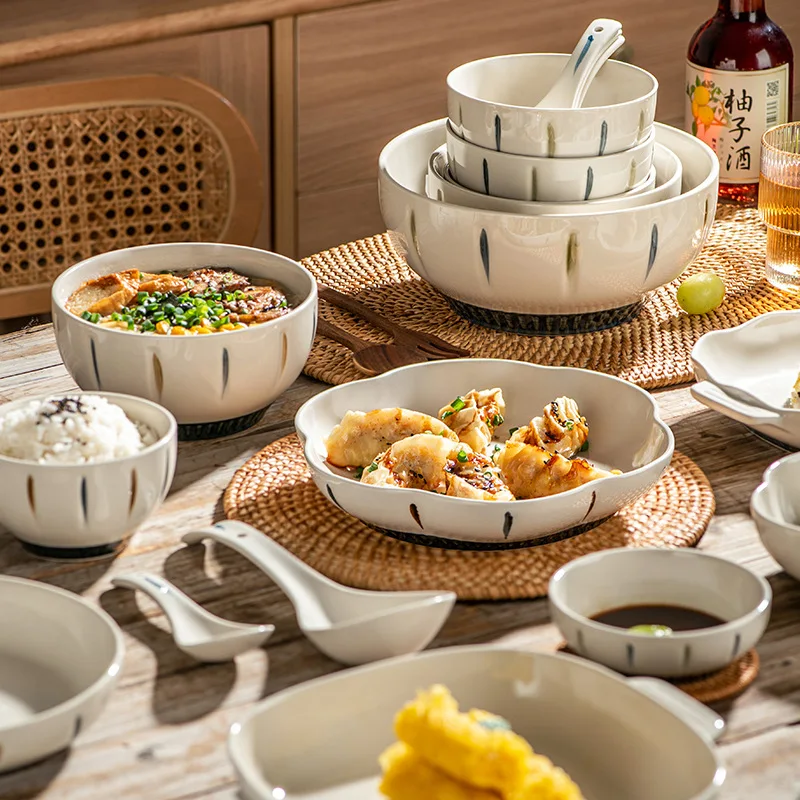 Japanese table ware Bowl plate light luxury household simple ceramic plate dish plate Creative soup bowl fish plate