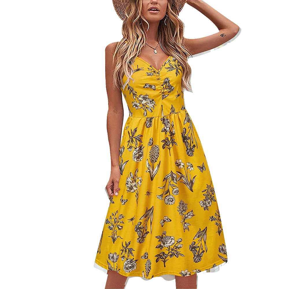 

Strappy Sleevesless Print Floral Dress Women Off Shoulder Midi Dress Female V Neck Sling Party Dress A-Line Tunic Beach Sundress